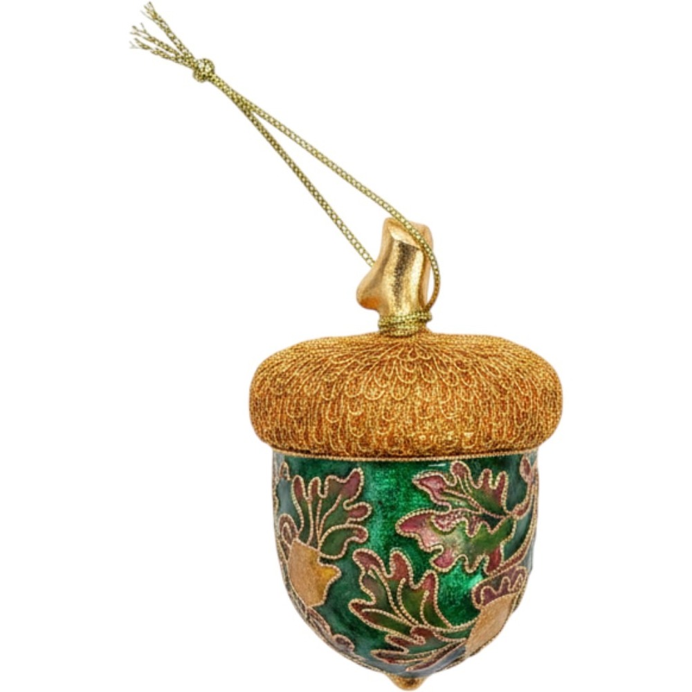 Value Arts Handmade Cloisonne Acorn Ornament Green Gold Oak Leaf Filigree Decor